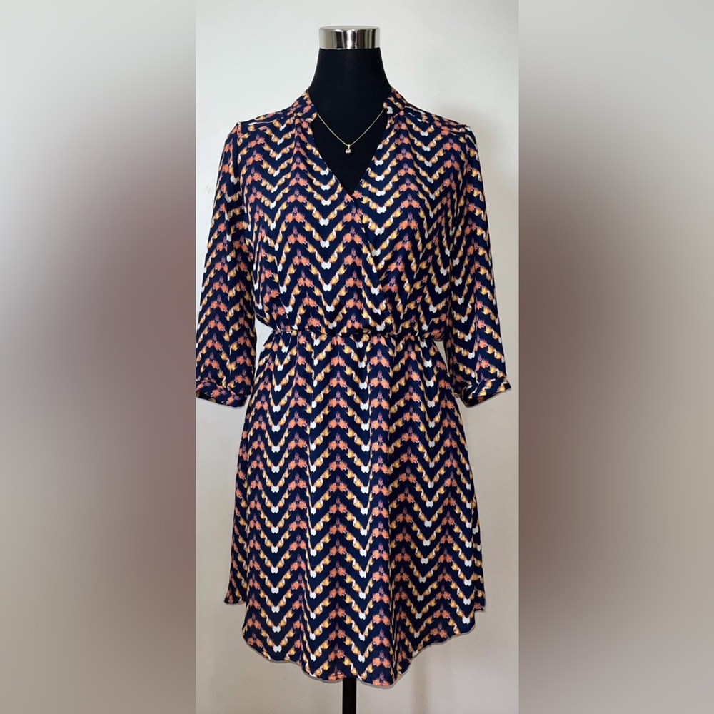 Xhilaration Navy Blue Pink Chevron Print Blouson Boho Flare Dress XS‎ X Small